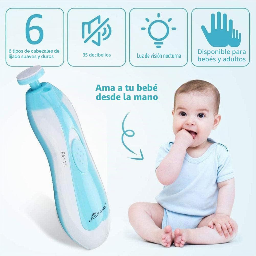 Lima de uñas eléctrica para bebés, cortaúñas 8 en 1 seguro, con 6 cabezales de pulido y luz, kit de cuidado de uñas para todas las edades (azul 1)