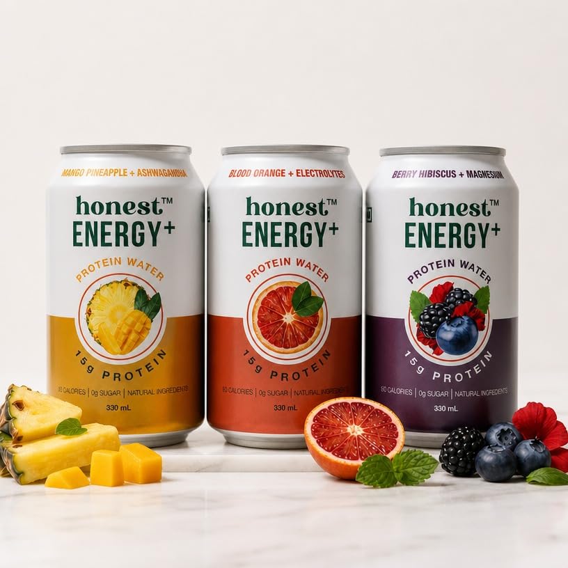 Honest Energy+ Clear Whey Protein Water | 15g Protein, Zero Sugar, 63 Cal | Ready to Drink RTD Protein Drink with Electrolytes | No Added Sugar, Magnesium, Ashwagandha, Whey Isolate (BLG) | Variety Pack of 3 x 330ml Cans