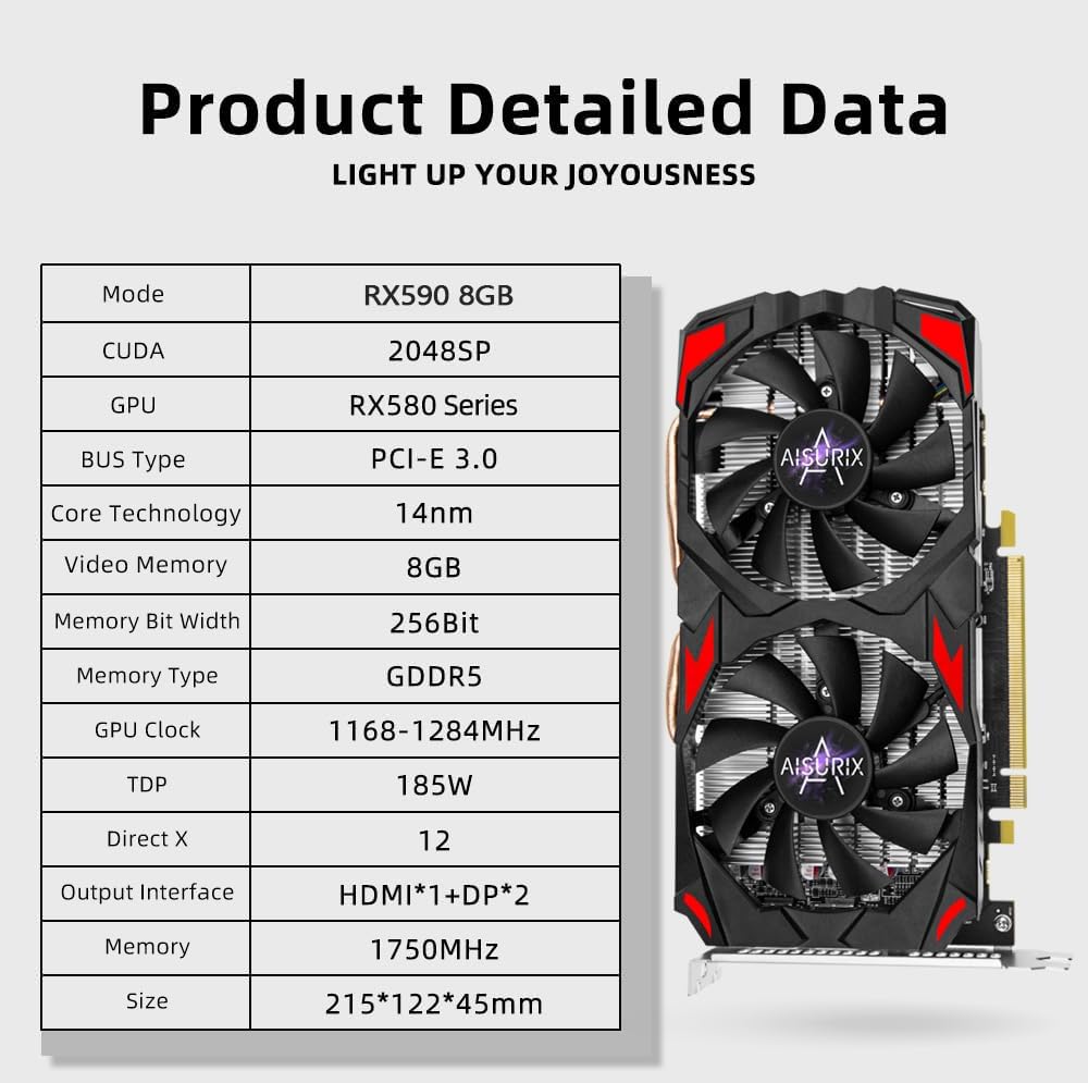 Kelinx Scheda grafica RX 590 da 8 GB, GPU da gioco 2048SP GDDR5 a 256 bit, scheda video da 8 GB con doppia ventola, 4K HD Ready, uscita HDMI/DP, PCIe 3.0 per PC Desktop Gaming Rig