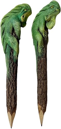 Miniatura 6 de Juego de 2 lápices de madera Iguana aserrín escultura de color verde camaleón King lindo animal creativo papelería escuela y oficina suministros