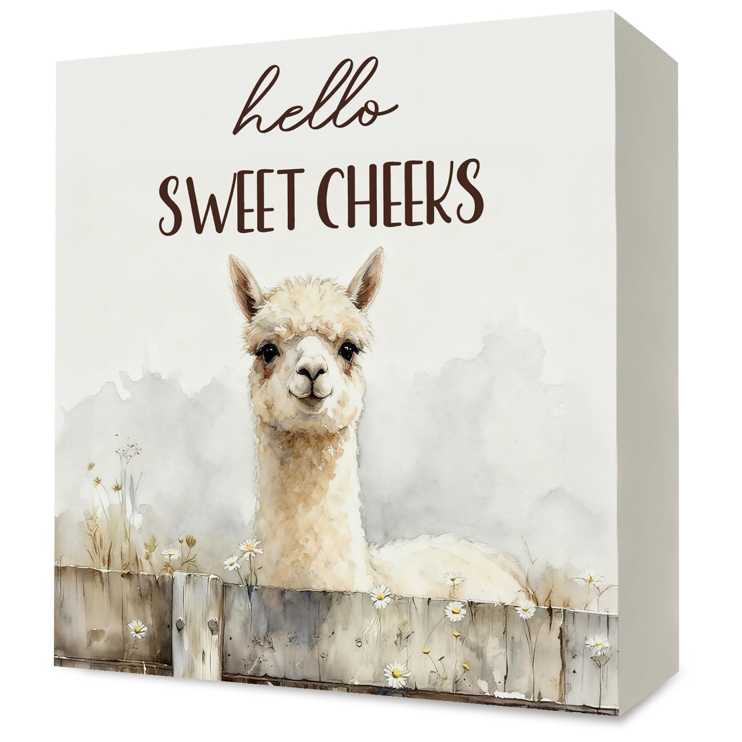 Hello Sweet Cheeks Bathroom Decor,Farmhouse Llama Wooden Box Sign Desk Decor,Rustic Daisy Flower Alpaca Wood Block Signs for Bathroom Washroom Shelf Decorations, 5x5 Inch