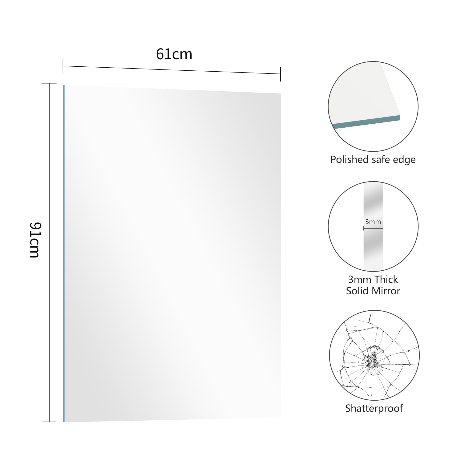 COFENY Miroir sans Cadre, 90 × 60 cm Miroir Mural Rectangulaire avec Bords Polis, Miroir en Verre HD, Upgraded Shatterproof Miroir de Salle de Bain pour Salle de Bain, Chambre et Salon