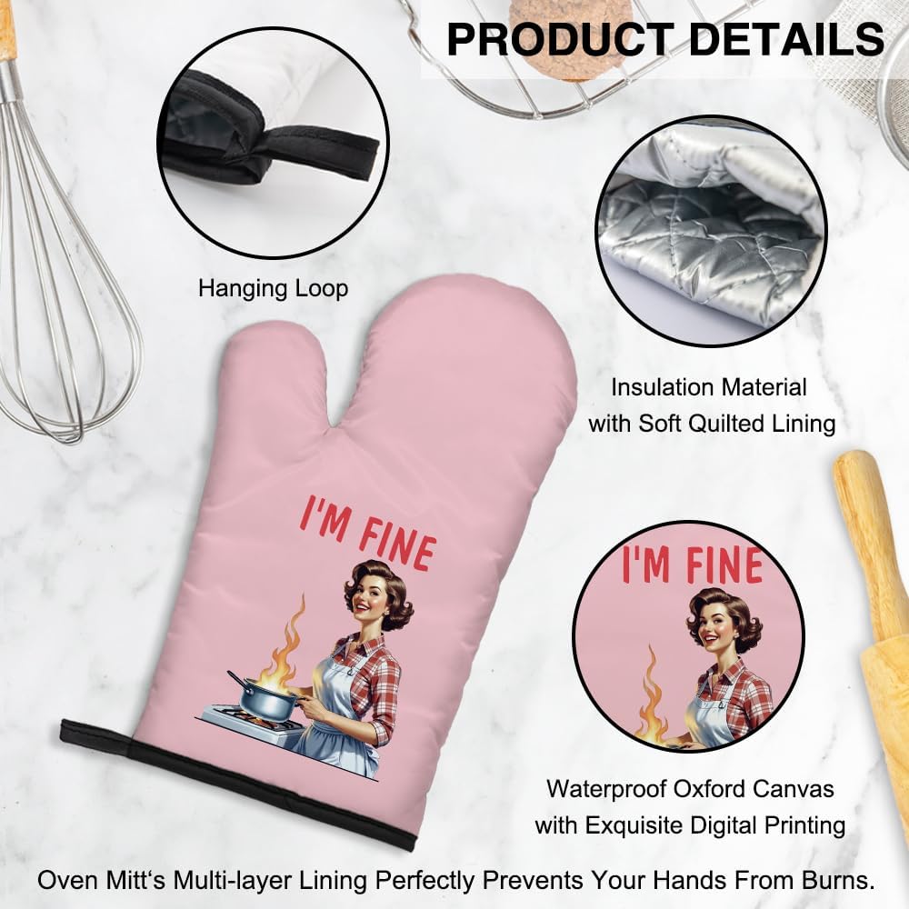 I'm Fine Cute Oven Mitts and Pot Holders Set, Retro Kitchen Gadgets, Mitts for Baking, Grilling, Cooking, Microwave, Birthday Gifts for Women Mom Aunt Sister BBF, Gifts for Women Chefs - Image 3