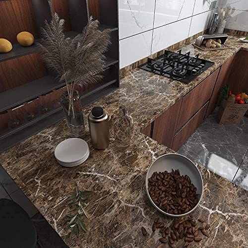 Image of FOKRIM Brown Marble Wallpaper (200x60CM)(Brown) Self Adhesive Wall Stickers Oil-Proof Waterproof Peel & Stick Contact Wallpaper for Kitchen Living Room Office Table Home Decore