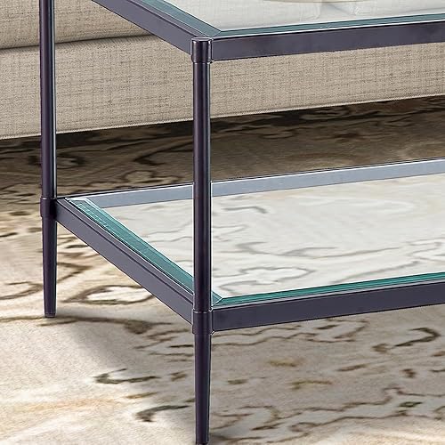 Miniatura 5 de Mesa de centro rectangular de cristal, mesa central de 2 niveles, mesa de café moderna para sala de estar, 43.3 x 23.62 pulgadas, color negro