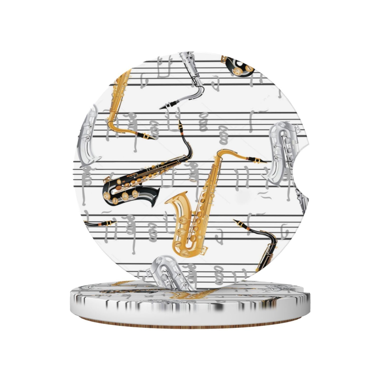 Music Notes Saxophones, Car Cup Holder Coasters 2 Pack, Absorbent Ceramic Car Coasters with Non Slip Cork Base