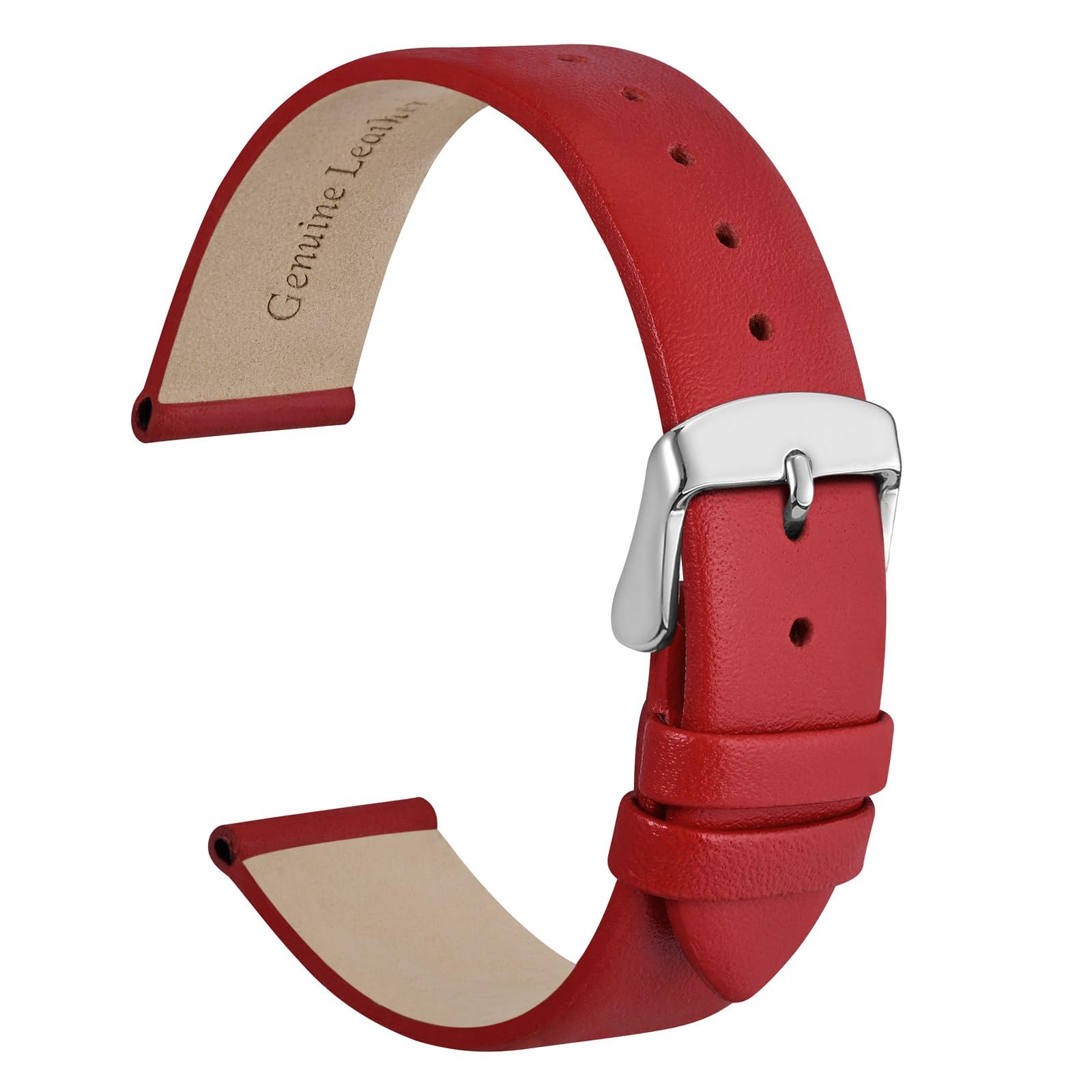 WOCCI 12mm Lug Width, Elegant Watch Band, Genuine Leather Replacement Strap with Silver Buckle (Red)