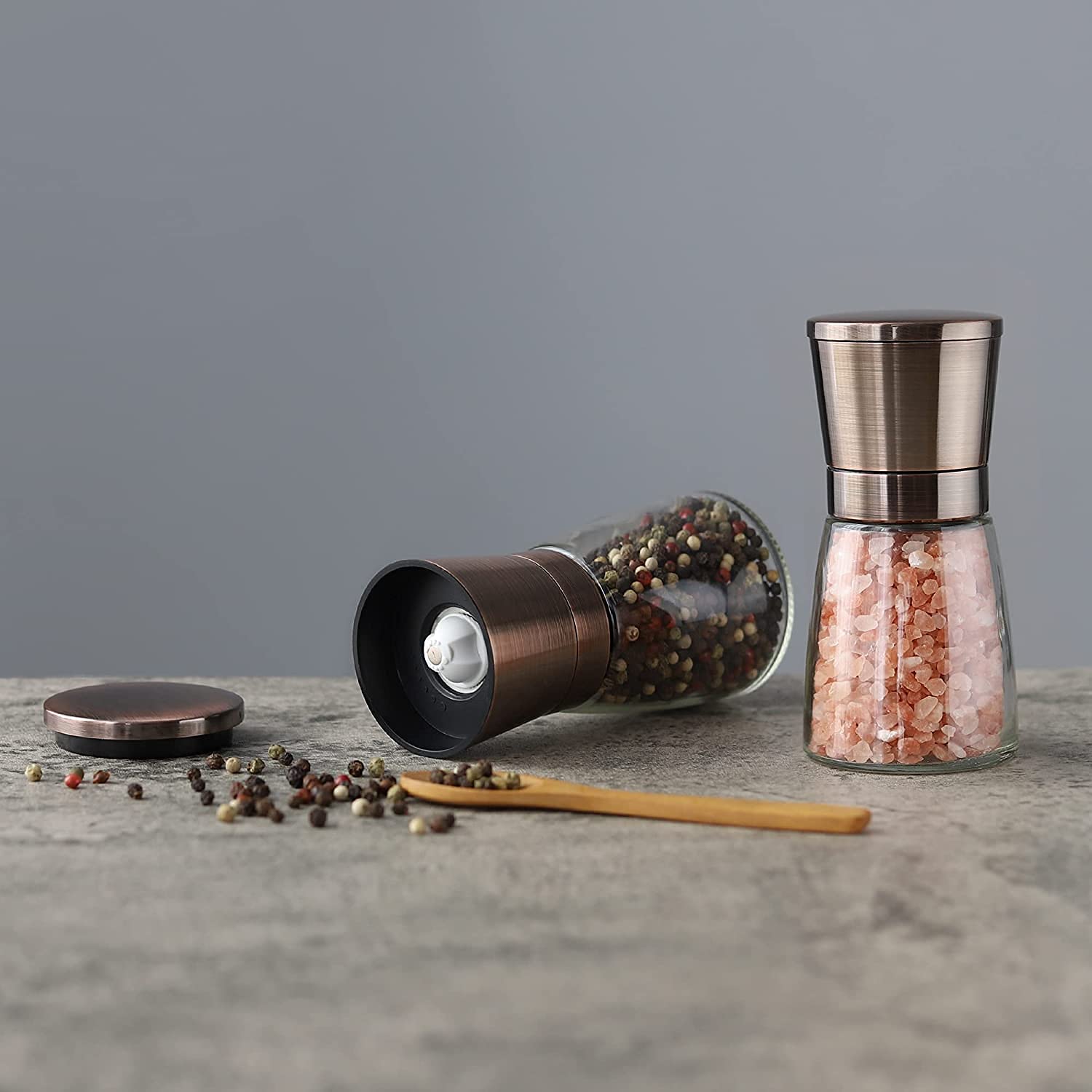 Vzaahu Macina Sale e Pepe 2 Set,con Nucleo di Ceramica Cannella,Ruvidità Regolabile,Colore Rame,per Casa Ristorante