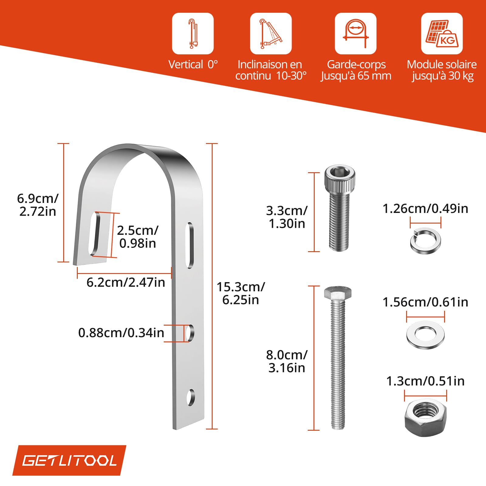 GETLITOOL 4PCS Crochets Balcon Solaire Inox 304 Fixation Panneau Solaire sans Perçage,Crochets de Fixation pour Balcon/Toit/Garage,Crochets de Montage de Panneaux Solairesrobustes