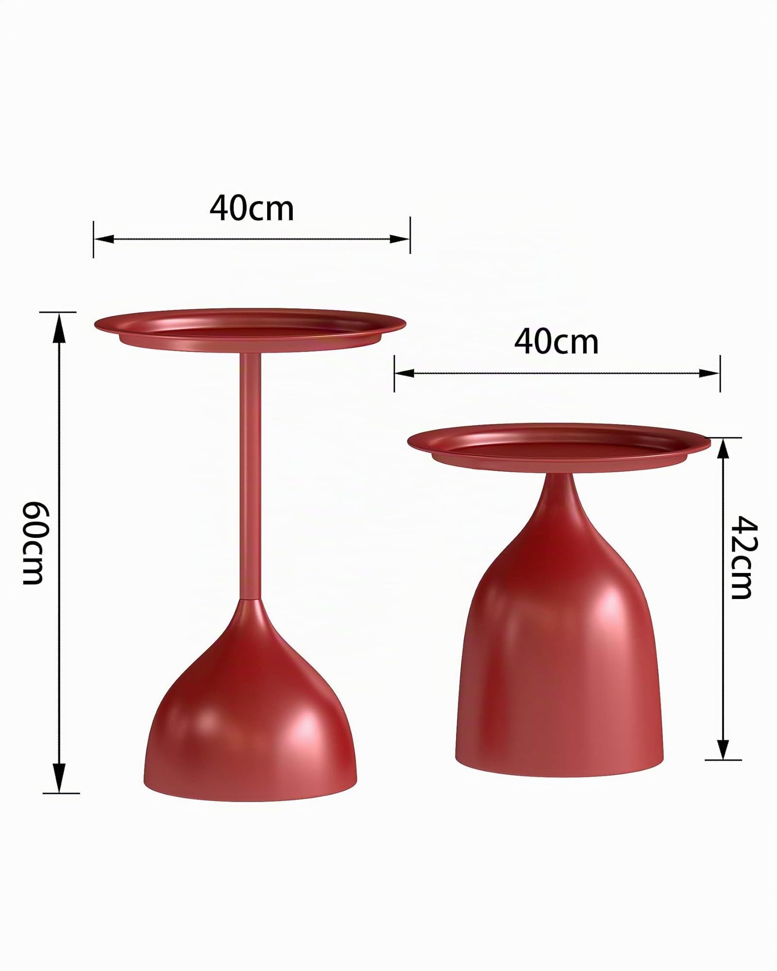 Set di 2 Tavolini Rotondi in Metallo, Piccolo Tavolino Camera da Letto per la Decorazione di Interni, Tavolino da Caffè in Metallo Rosso (Diametro 40 x 60 cm e 40 x 42 cm)