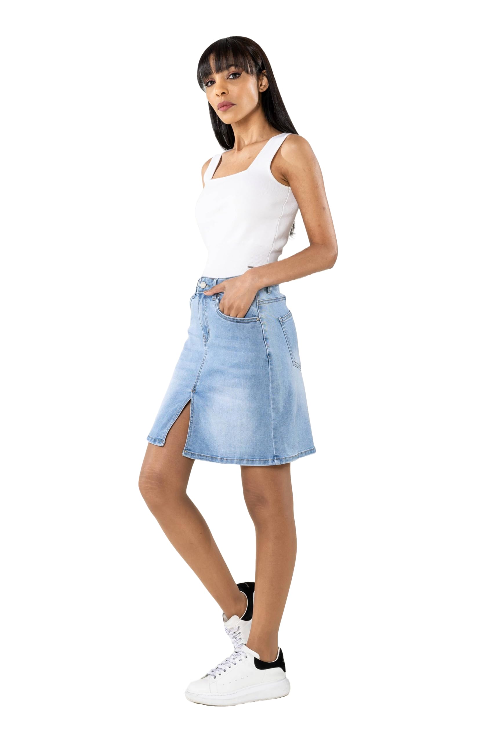 Nina Carter P213 Jupe courte en jean pour femme avec fente avant et fermeture éclair Aspect usé