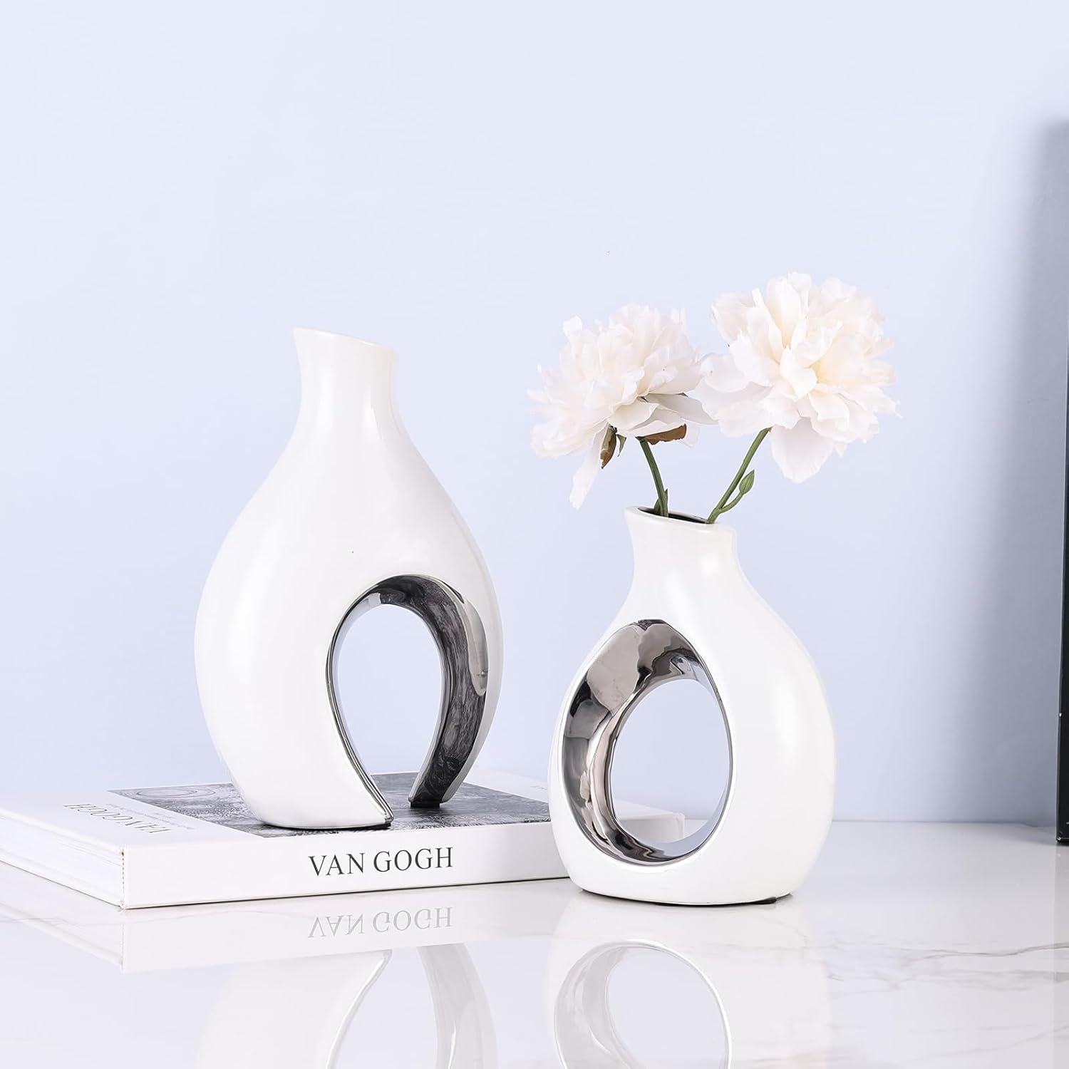 Ceramic Vase Set of 2 for Home Decor, White and Silver Abstract Intertwined Sculptural Vases, Decorative Pottery Centerpiece for Living Room, Dining Table or Entryway, Minimalist Art Decor Gift