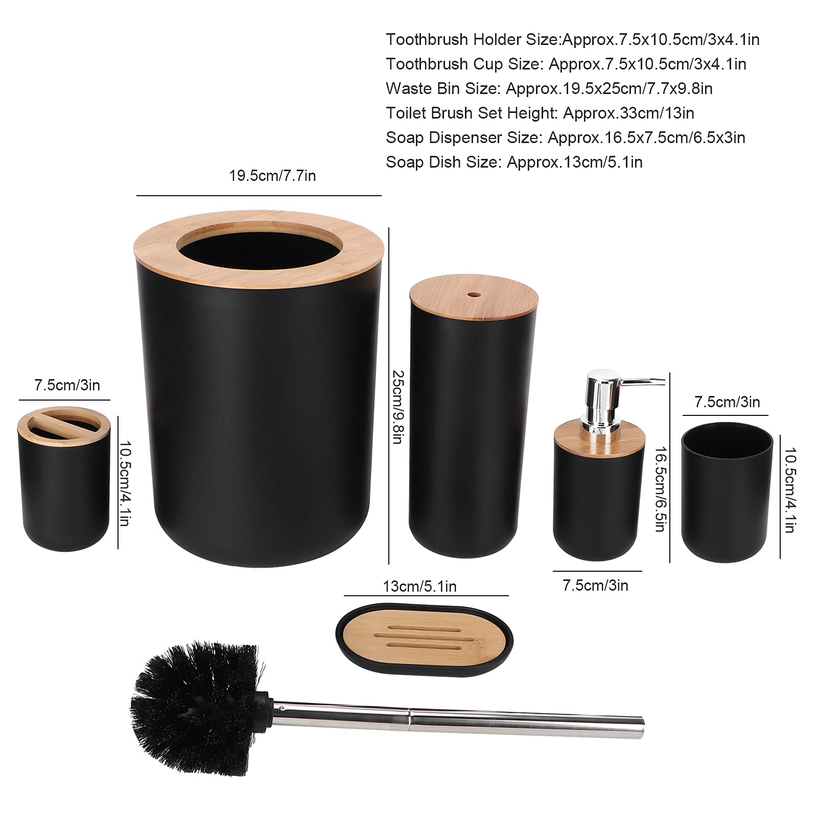 Juego de accesorios de baño de bambú, kit de limpieza de 6 piezas, soporte para cepillo de dientes, dispensador de jabón, jabonera, taza, cepillo de inodoro para decoración elegante del hogar