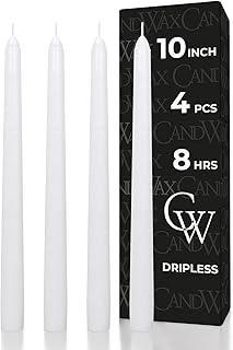 CANDWAX White Taper Candles 10 inch Dripless - Set of 4 Tapered Candles Ideal for Dinner - Smokeless and Unscented Dinner Candles - Hand Poured Candlesticks