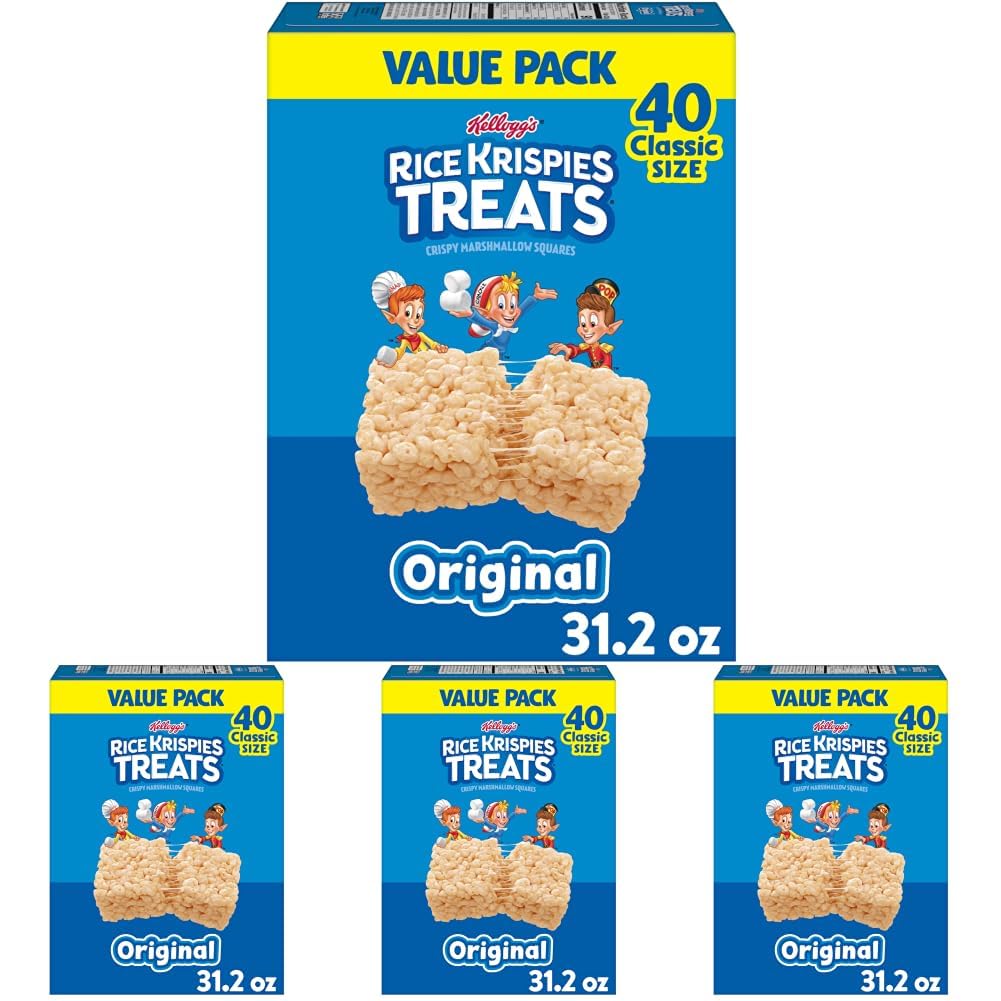 Rice Krispies Treats Crispy Marshmallow Squares, Kids Snacks, Cereal Bars, Original, 31.2oz Box Bars, 40 Count (Pack of 4)