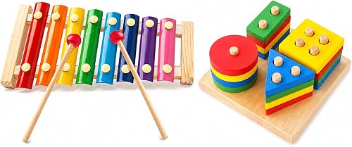 Wooden Educational Toy Set for Toddlers, Rainbow Xylophone with Mallets and Shape Sorting Stacking Board, Multicolour