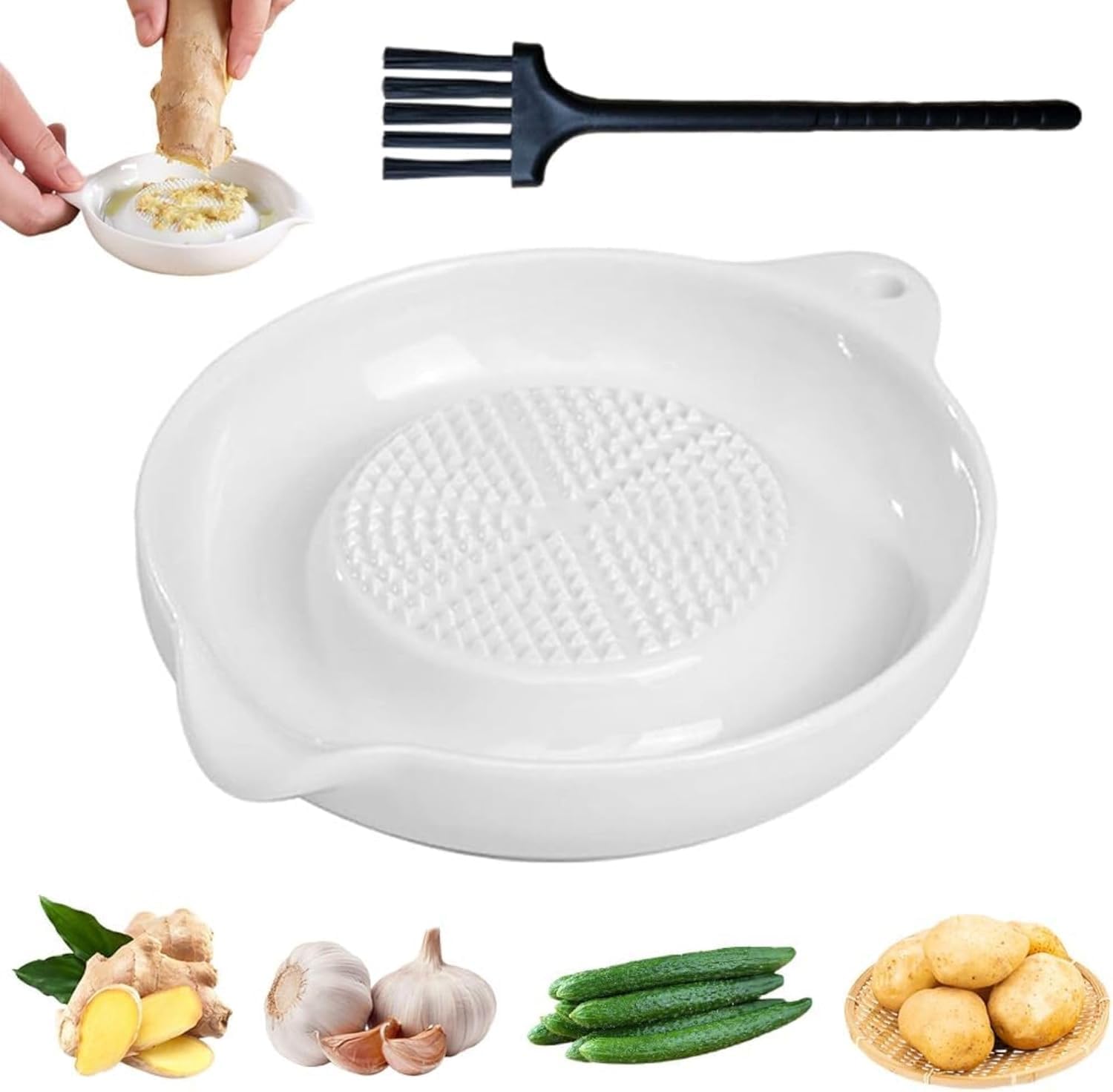 Ceramic Garlic Grater Plate with Brush Manual Crusher Grinder Tool for Ginger, Garlic, Turmeric, Nutmeg, Fruits & Vegetables Durable, Easy to Clean, Non-Slip Kitchen Utensil (Medium)-image-14