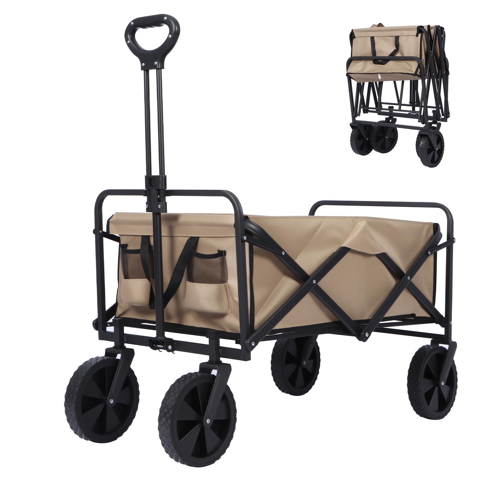 Panana Beige Folding Trolley Utility Wagon Cart With All-Terrain Wheels, 100L Storage Capacity, Heavy-Duty Steel Frame,Garden Wagon Cart 150Kg Load Capacity (Beige)
