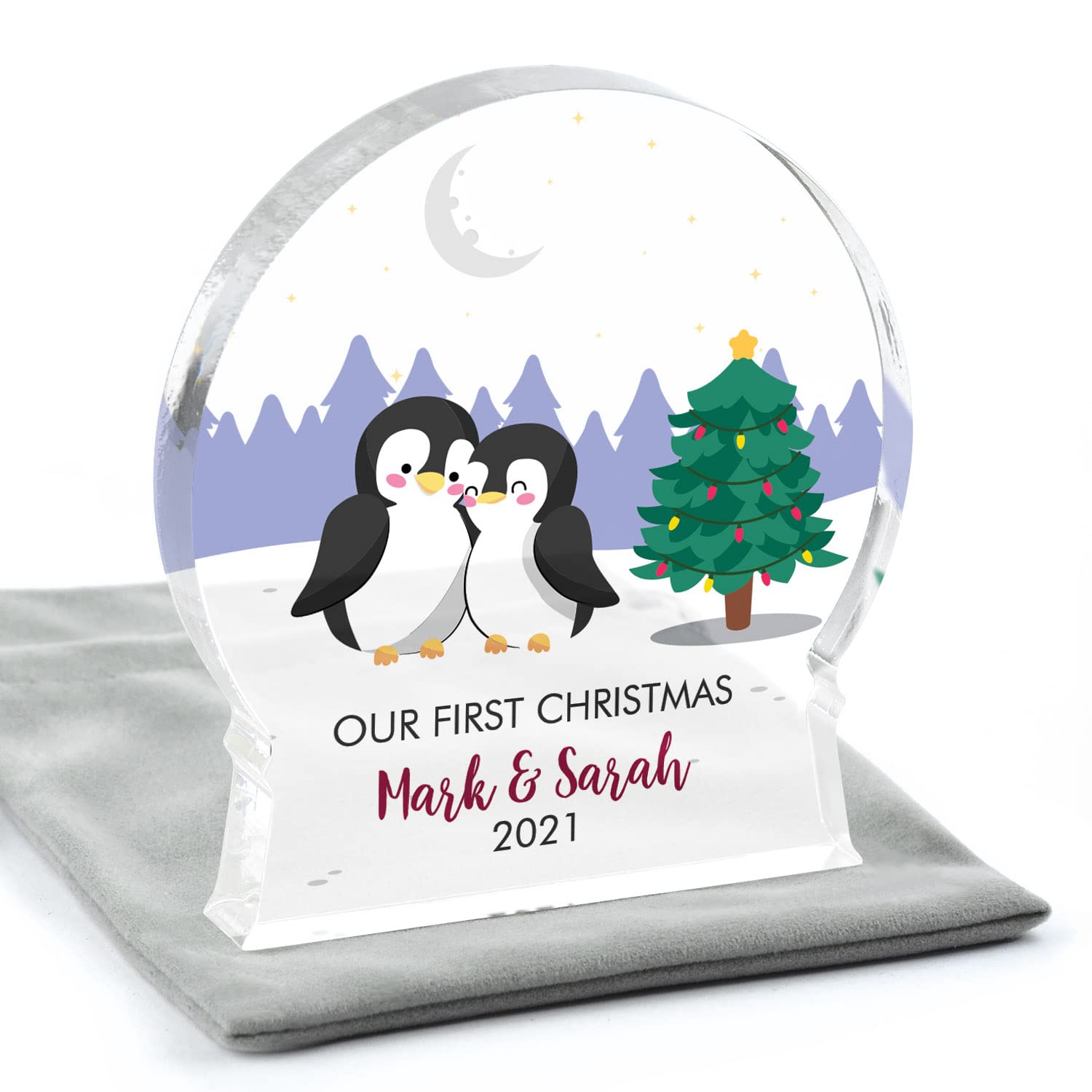 Our First Christmas Boyfriend Girlfriend Decoration Gift, Personalised Acrylic Snow Globe Couples Keepsake, 1st Christmas As Boyfriend Girlfriend, 1st Christmas Together, With Grey Bag