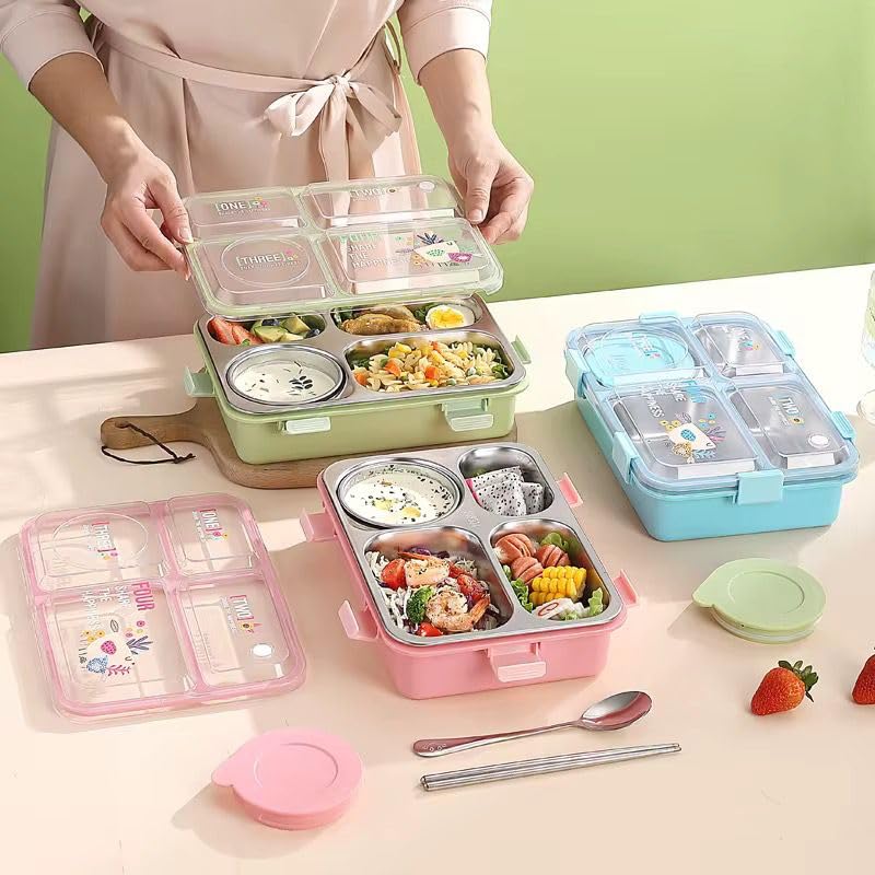 Image of Brand Conquer Lunch Box Leak-Proof BPA Free Stainless Steel for School, Lunch Box for School & Office with a Fork, a Spoon and a Pair of Chopsticks (Classic Green, Happiness 3 Compartment Lunch Box)