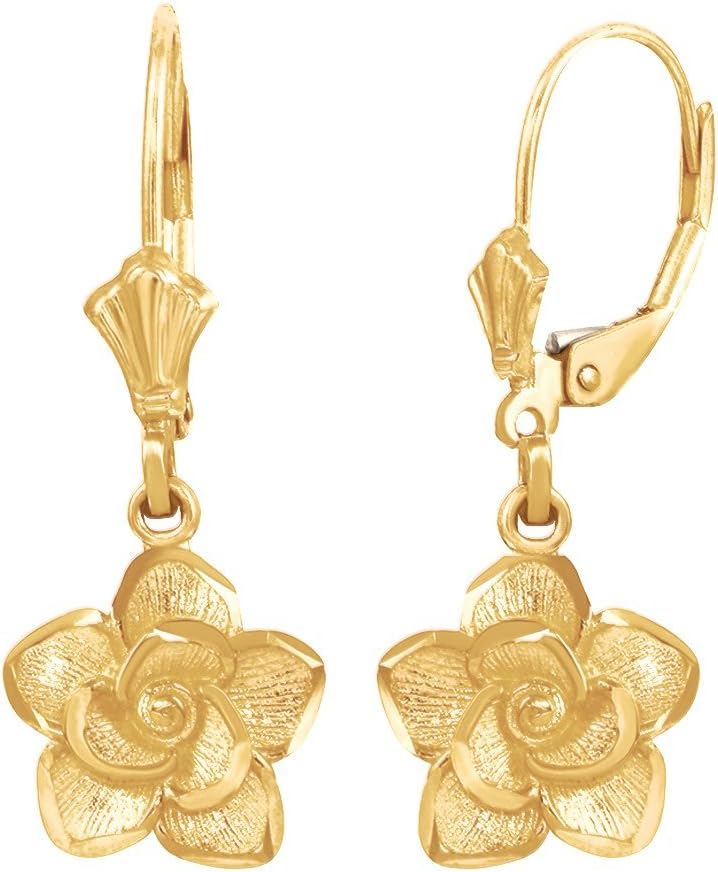 10K Yellow Gold 1 Long Carved Rose Flower Blossom Dangle Style Lever back Earrings