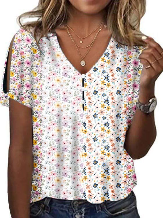 Women's Summer Floral Printed Cotton Shirt Casual V Neck Tank Tops Short Sleeve Loose Fit Blouses Smocked Shirts