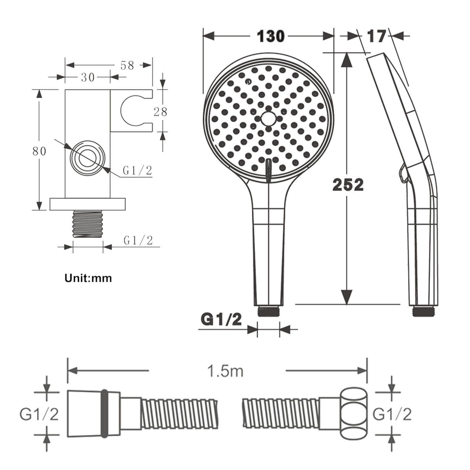 Duschkopf mit Wandanschluss & 1.5m Schlauch, Handbrause mit 3 Strahlarten aus ABS, Brausekopf mit 360° Drehbarem Halter & Wasserzulauf, Universal Duschbrause für Dusche, Badewanne