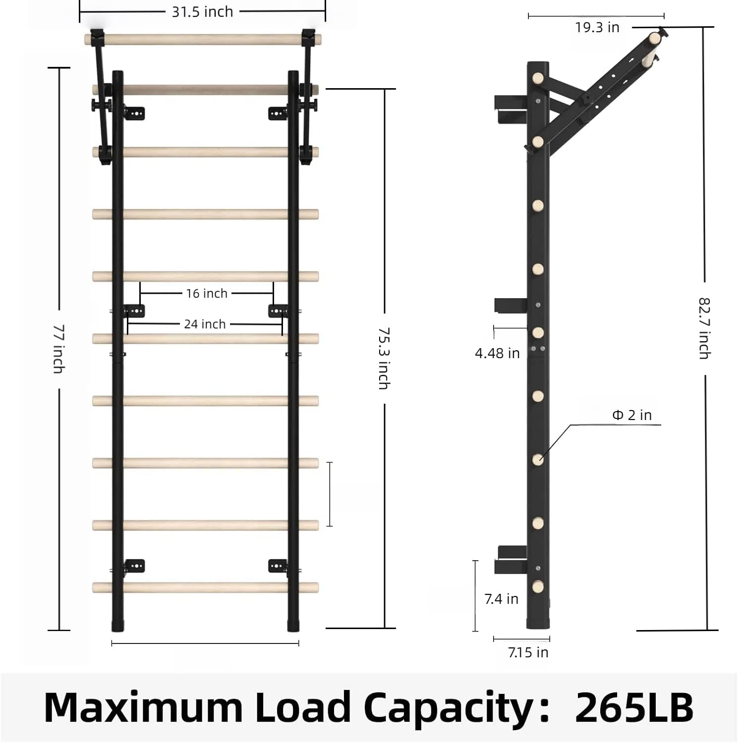 Swedish Ladder, Wood Stall Bar with Suspension Trainer Straps, Pull-Up Dip Bar Attachment, Strategic Rods, for Home, School, hysical Therapy and Gymnastics