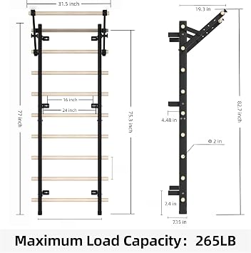Swedish Ladder, Wood Stall Bar with Suspension Trainer Straps, Pull-Up Dip Bar Attachment, Strategic Rods, for Home, School, hysical Therapy and Gymnastics