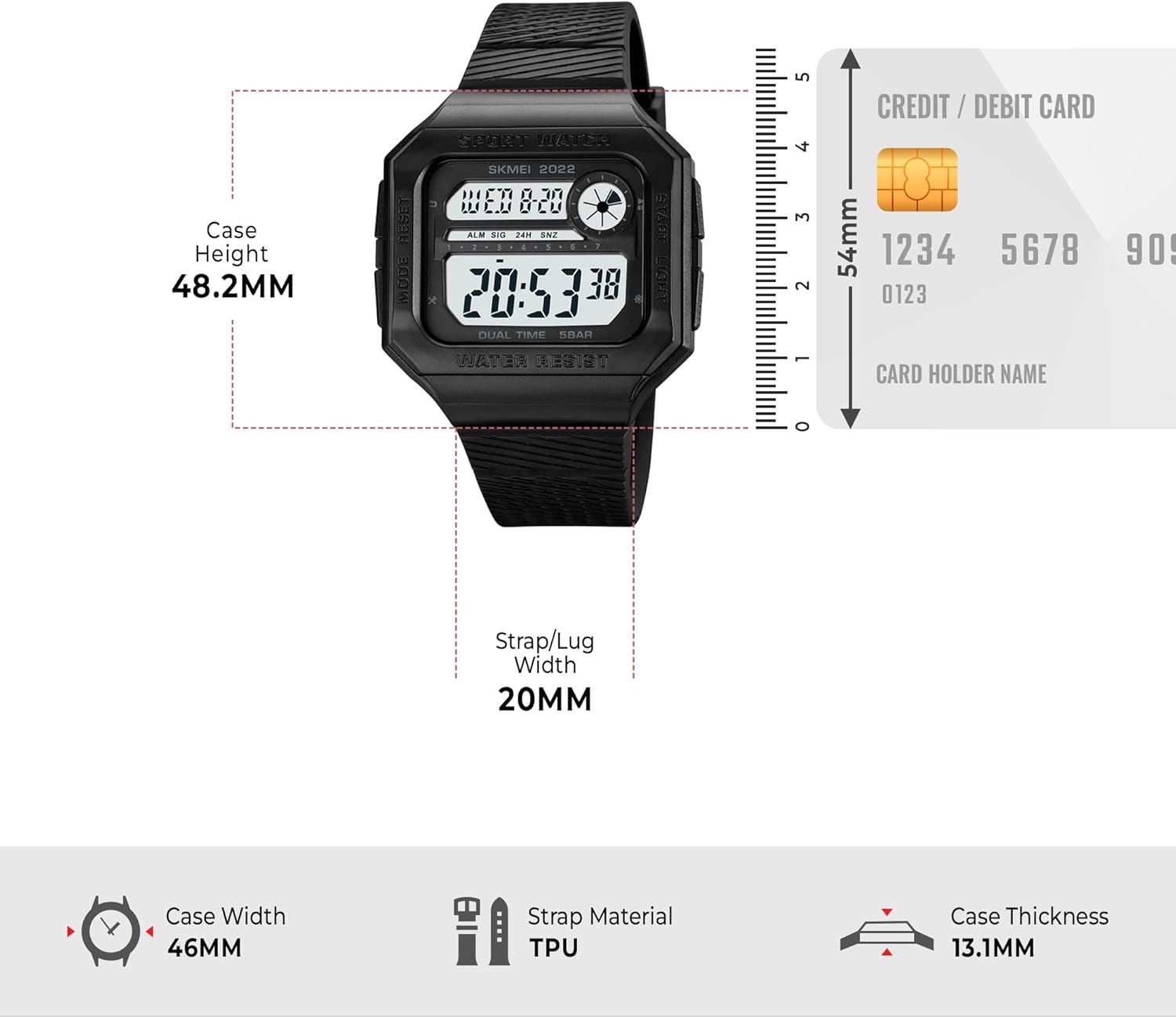 Diagram showing the dimensions of the SKMEI Model 2022 watch: Case Height 48.2mm, Case Width 46mm, Strap/Lug Width 20mm, Case Thickness 13.1mm.