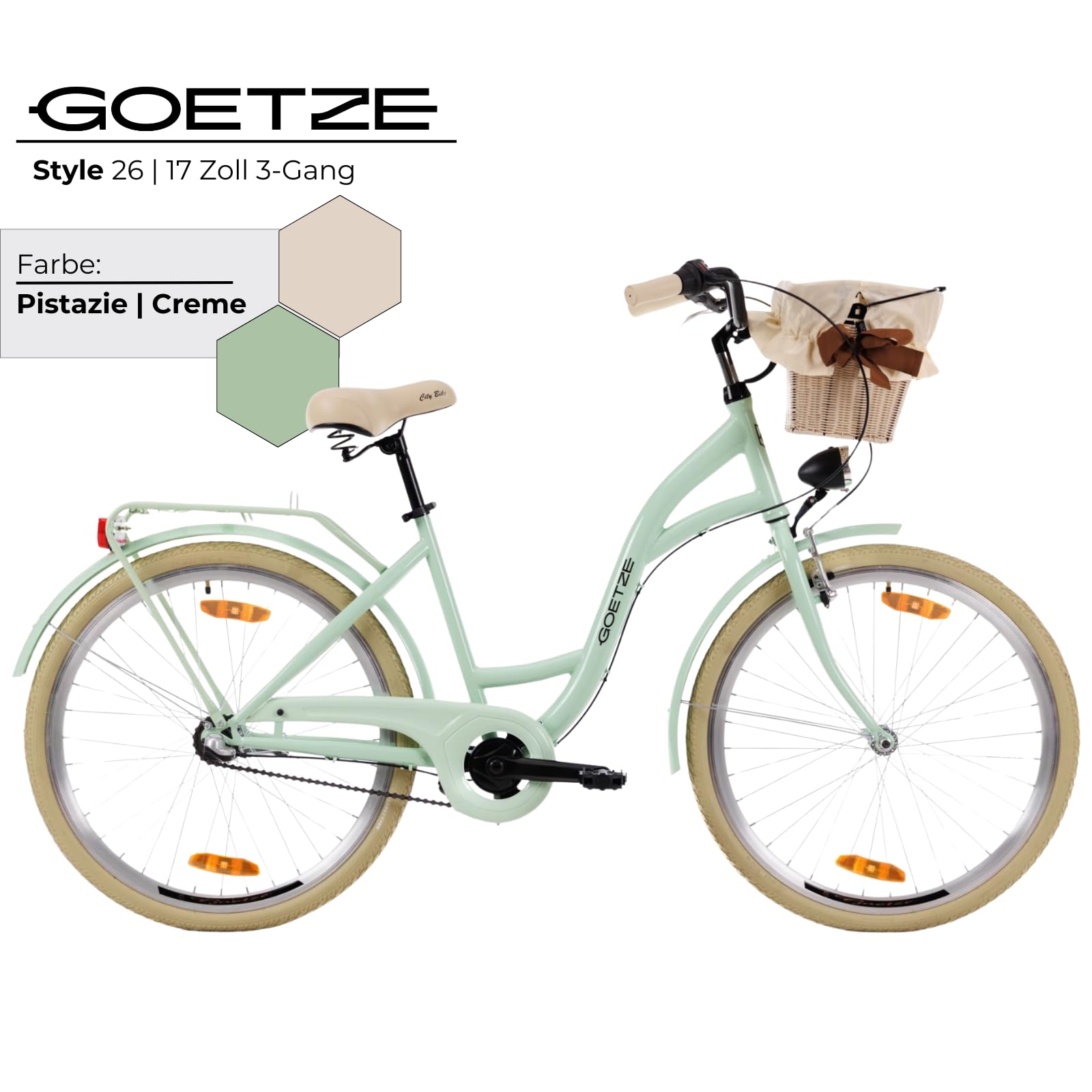 Goetze Style 26 Zoll Citybike, 17 Zoll Tiefeinsteiger Rahmen, 3-Gang Nabenschaltung, Rücktrittbremse, V-Bremse vorne, LED-Beleuchtung, Rattankorb, Komfortsattel, mit Seitenständer & Klingel