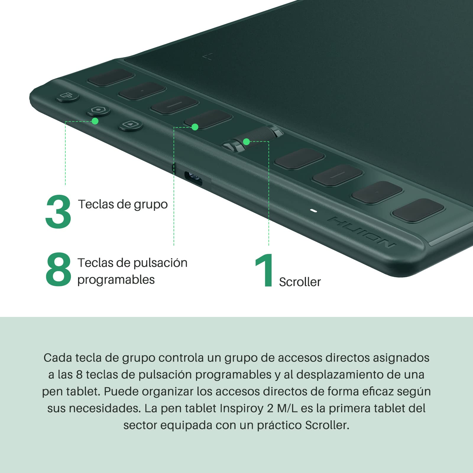 HUION Inspiroy 2 M Tableta Gráfica, Nuevo Bolígrafo Digital PW110, 8 Teclas de Acceso Directo Personalizables, Desplazador Fácil de Usar, Ideal para Dibujar, Estudiar y Trabajar Desde Casa, Verde
