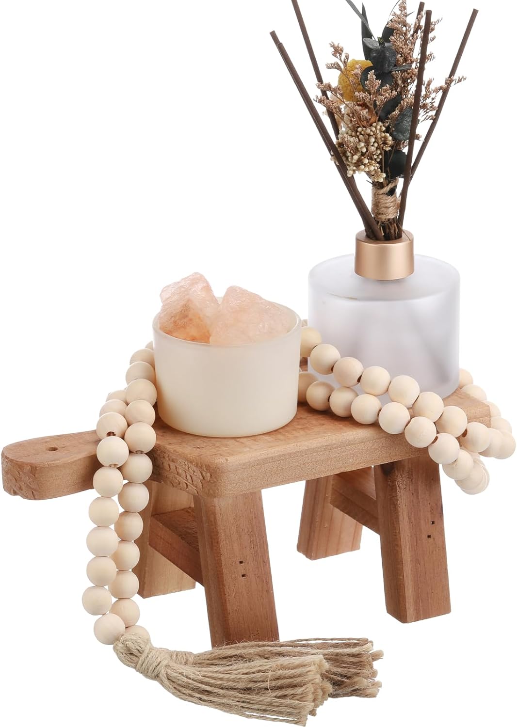 Reallnaive Wood Pedestal with Handle and Farmhouse Beaded Ornaments Pedestal Stand Tray for Kitchen Counter Bathroom Soap Towels Jewelry Candles Table Decor(Brown)