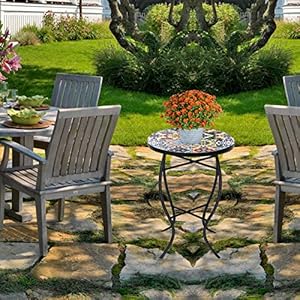 VCUTEKA Mosaic Side Table 21 Round End Table with 14 Ceramic Tile Top Indoor Patio Accent Table for Yard Garden Living Room Bistro Balcony or Lawn