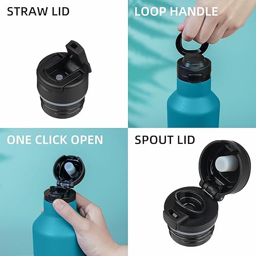 Miniatura 3 de BJPKPK Botella de agua aislada con pajilla, botellas de agua de acero inoxidable de 17 onzas con 2 tapas y asa de transporte, botella térmica de