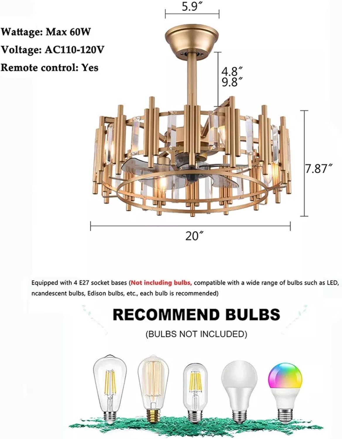 Ceiling Fan Light with Remote Fans Lights for Bedroom 3Speed Caged 20Inch Modern Luxury Bladeless Chandeliers Low Noise & Smart Timing Function Retro Metal for Living Room Bedroom Study