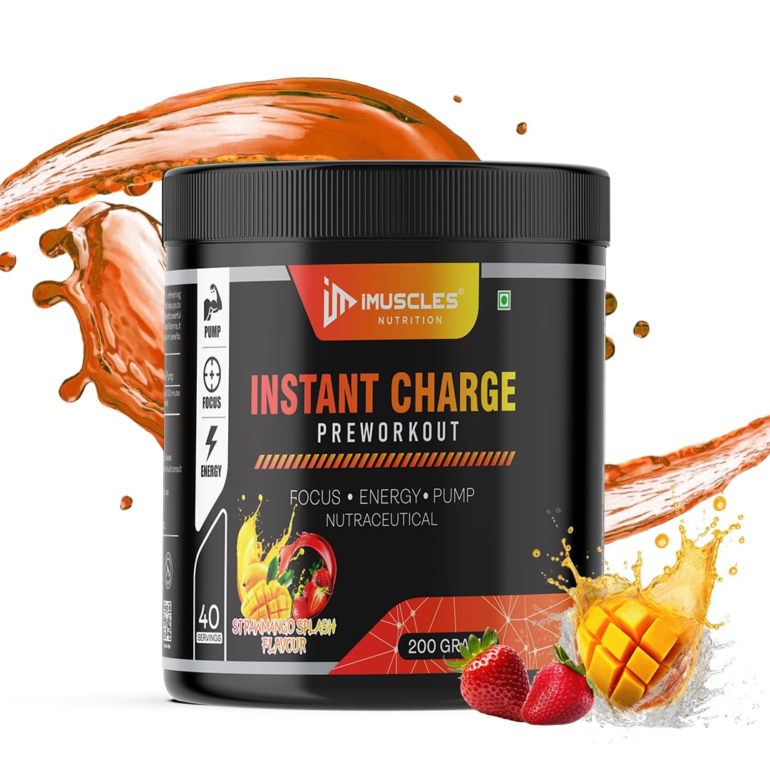 iMUSCLES NUTRITION Instant Charge Preworkout Supplement Powder with Focus, Energy & Pump – Strawmango Splash Flavour, 40 Servings, 200g – Nutraceutical Formula for Performance