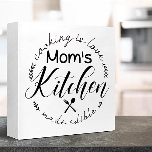 Miniatura 4 de LVQHI Letrero de bloque de madera de la cocina de mamá, divertido letrero de cocina para estante de escritorio, letreros de cocina rústicos para