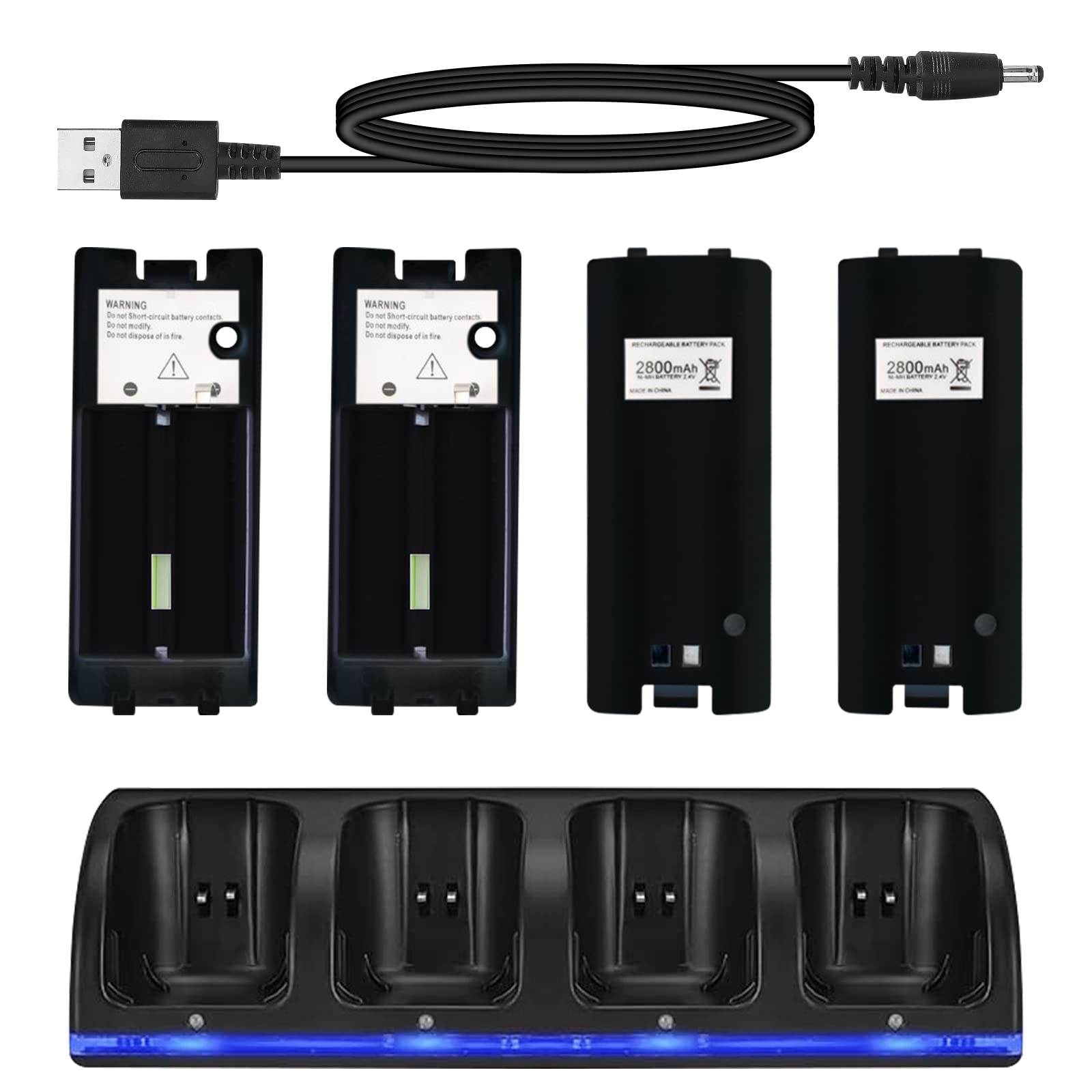 SANON Stazione di Ricarica per Controller Wii, 4 Dock di Ricarica Dock Station per Caricatore Remoto Wii con 4 Batterie Ricaricabili da 2800mAh & indicatori LED, Nero