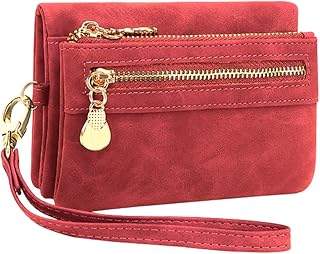 Monedero Mujer Pequeño Cartera de Mujer 100% Cuero Vegano Billetera Corto con Bolsillo de Cremallera para Monedas, Monederos Tarjetero Mujer con Ranuras para Tarjetas y Pulsera Extraíble (Rojo)