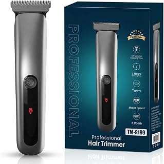 TM-9199 Professional Hair Trimmer for Men | 8000RPM High Speed Motor | 180 Min Runtime | Type-C Fast Charging | Cordless Grooming Kit with 4 Guide Combs | Budget-Friendly Beard & Hair Trimmer