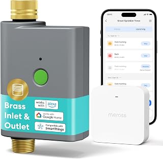 meross Bewässerungscomputer WLAN mit Smart Hub, Bewässerungstimer Garten, App- und Sprachsteuerung, Regenpause, Wasserverbrauchsanzeige, Messinganschlüsse, IP65, Alexa, Google & Apple Home, Grau