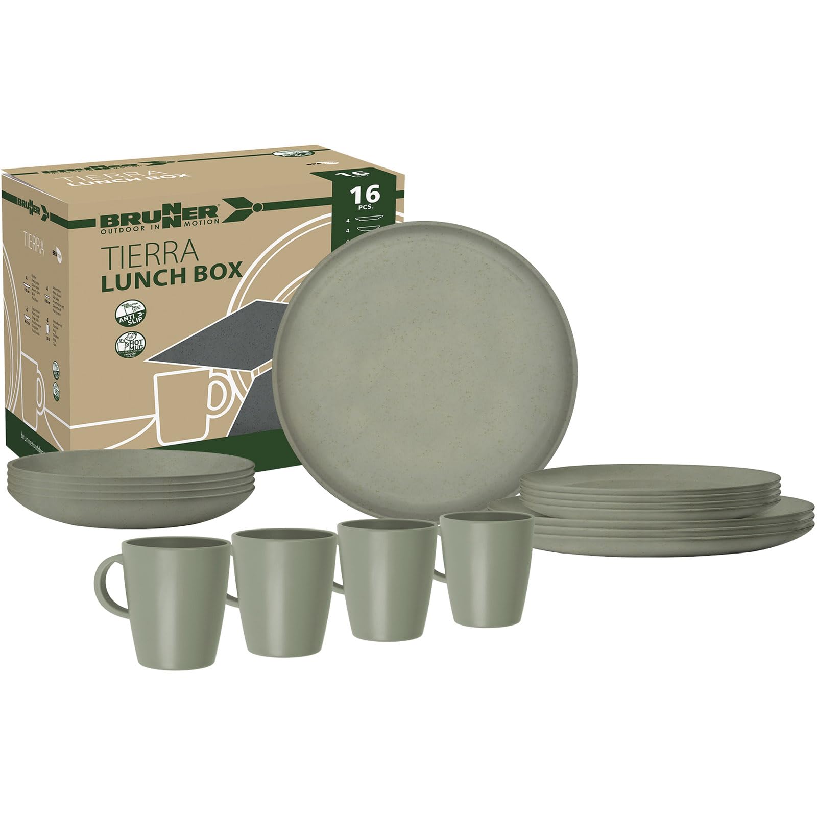BRUNNER Set aus 16 Tellern und Tassen aus strapazierfähigem Melamin und rutschfester Unterseite, Lunchbox PLA Tierra Forest 16 Stück