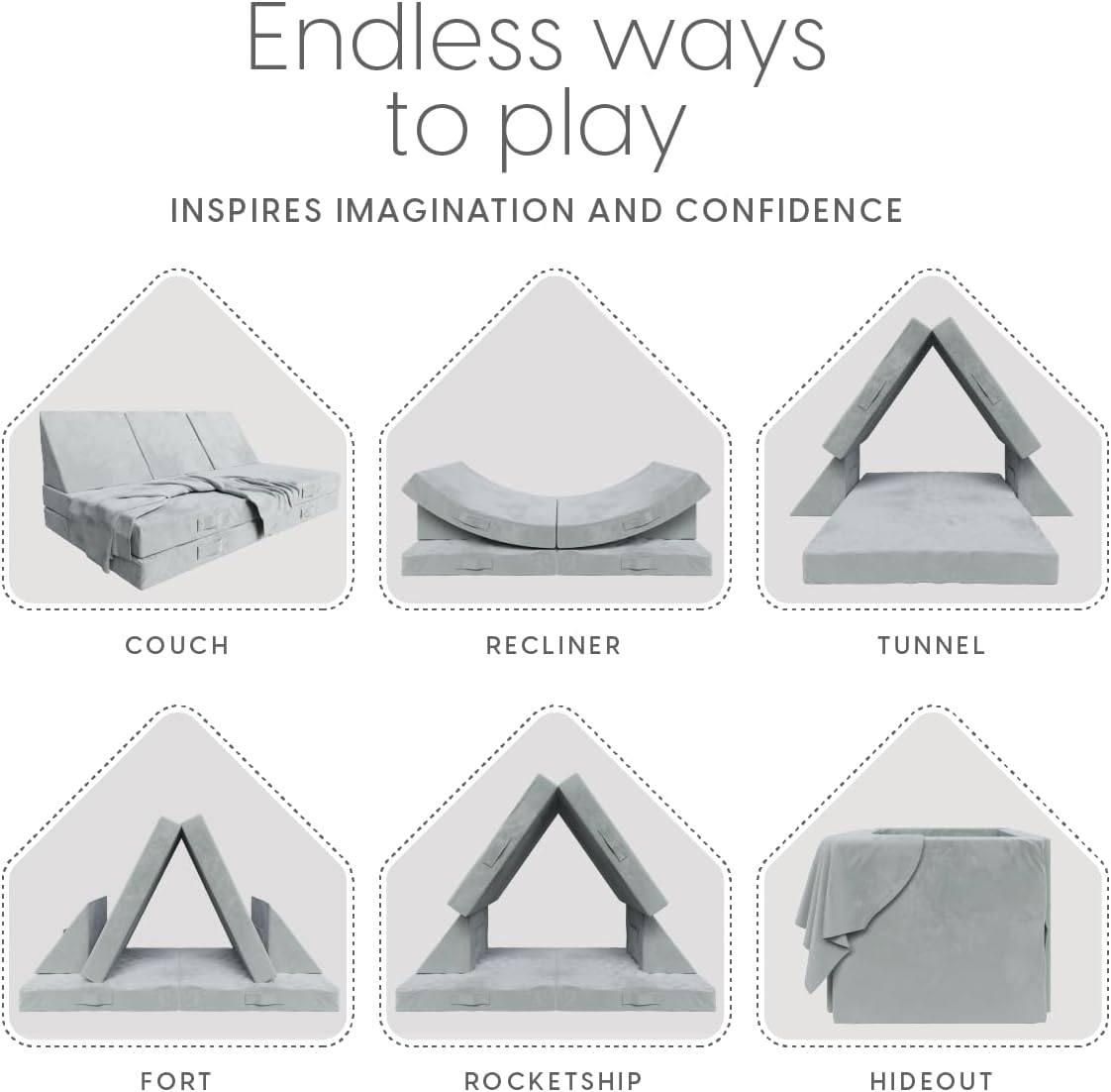 Milliard Kids 7pcs Modular Sectional Sofa - Foam Play Couch - Soft Washable Grey Velour, Includes Bonus Blanket - Toddler Couch, Perfect for Playroom and Bedroom - 52x30x20in