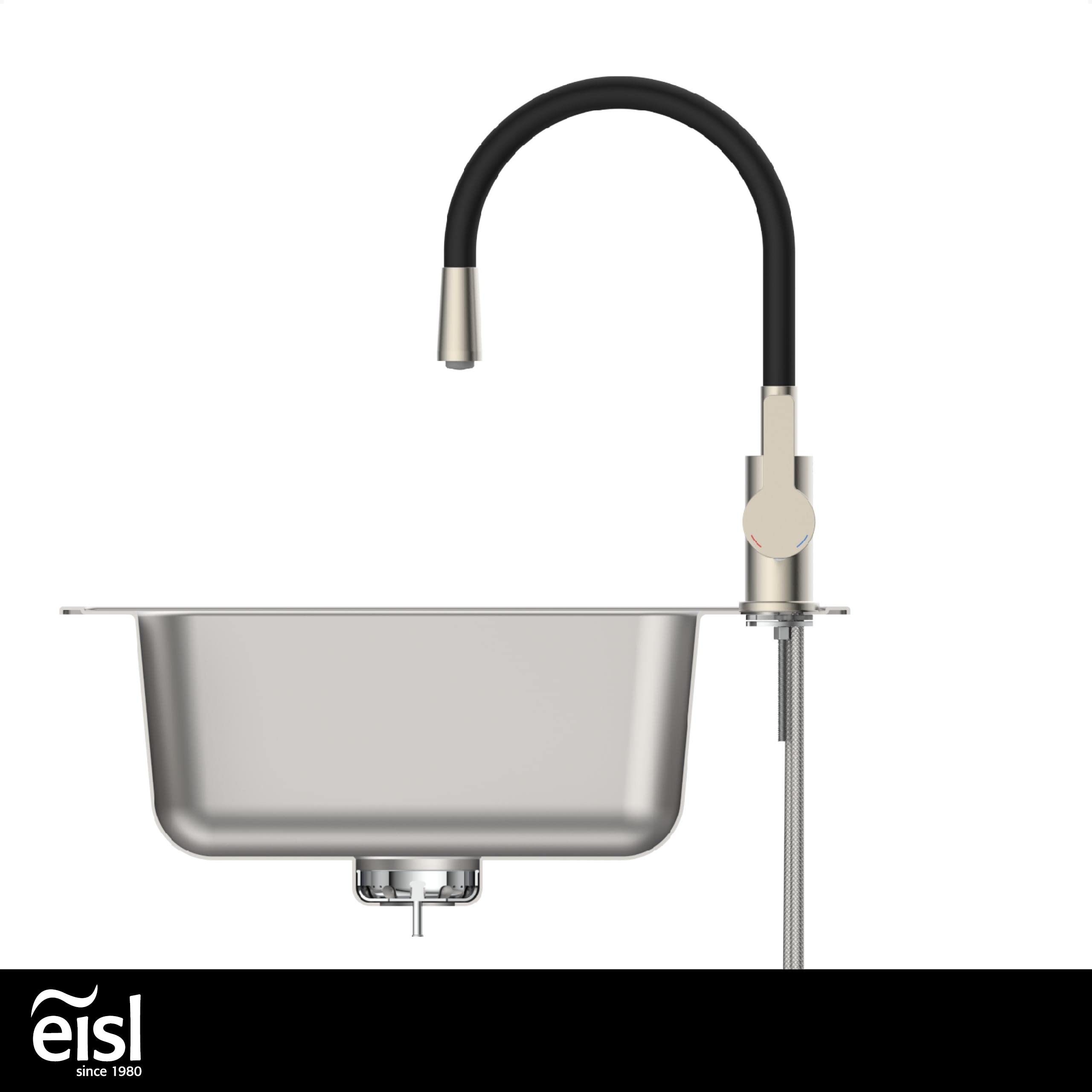 EISL Flexo Edelstahl/Schwarz Flexible Spültischarmatur, biegsamer Wasserhahn für die Küche, hoher Auslauf mit Soft-Touch-Schlauch, 360 Grad schwenkbar, Wasserhahn Küche flexibel, NI186FLNIB