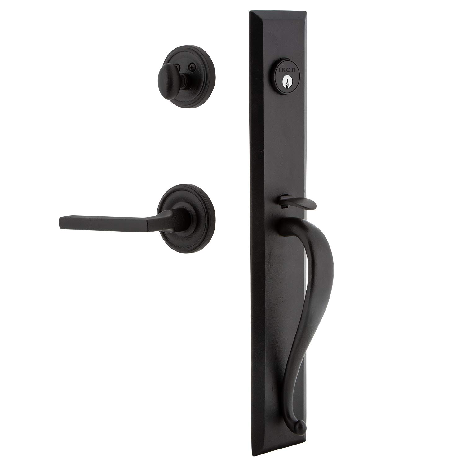 Ageless Iron 657945 Keep One-Piece Handleset with A Grip with Loch Rosette and Dirk Lever Entry Set, Single Cylinder Lock - 2.375" Backset, Black Iron