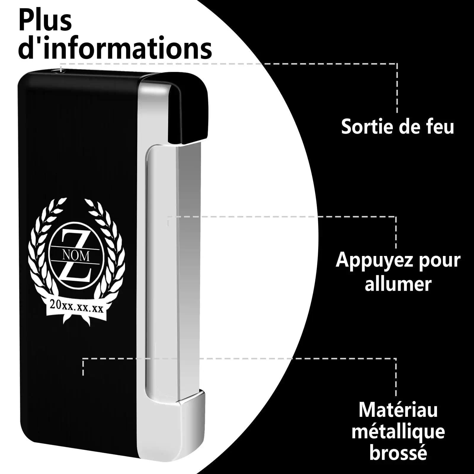 Briquet Personnalisé Briquet Métallique Résistant aux Tempêtes - Gaz Flamme Bleue Métallique, Cadeau Homme Exigeant Fête des Pères Luxe