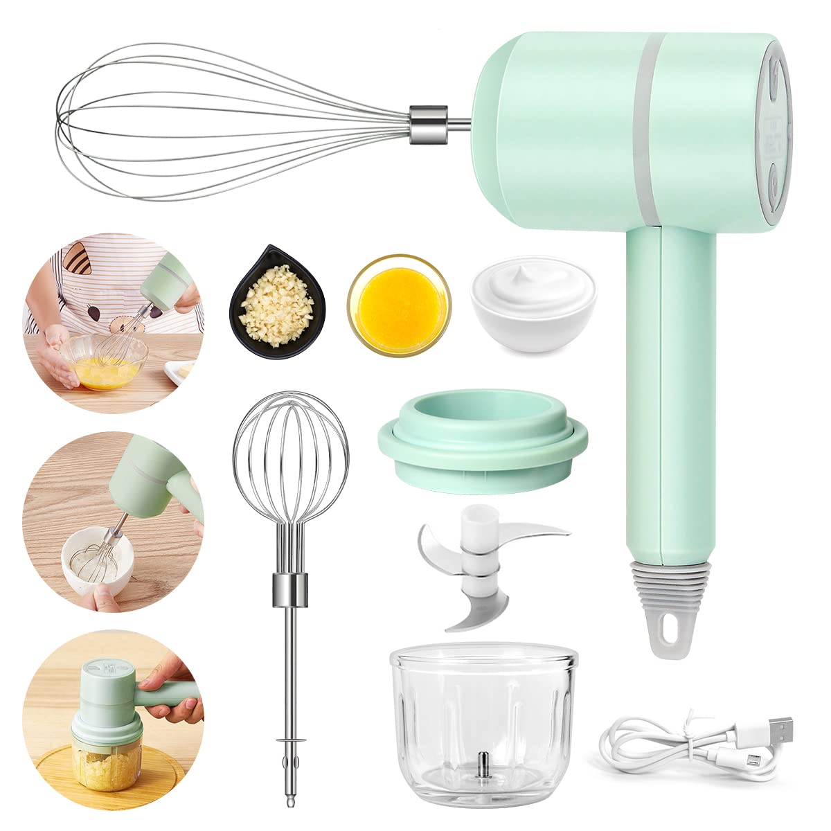 Suteng Electric Garlic Chopper, 3 IN 1 Rechargable Egg Beater Food Processor with 300ML Glass Container, Cordless Electric Blender for Kitchen Cooking Baking - Green
