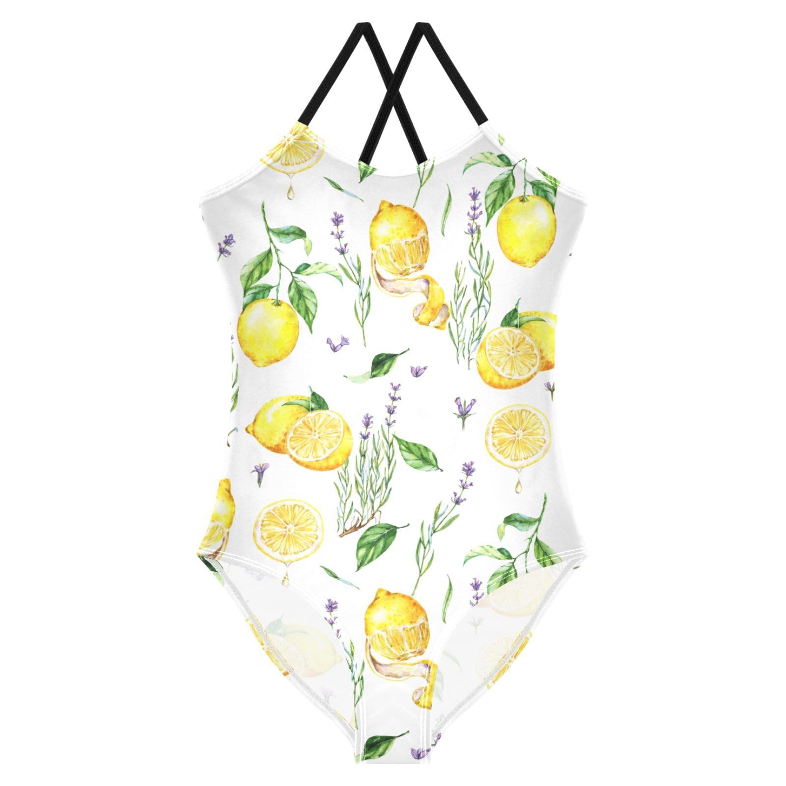 CaTaKu Girls One Piece Swimsuits Watercolor Lemons Lavender Flowers Kids Bathing Suit Swimwear for Girls Size 9-10