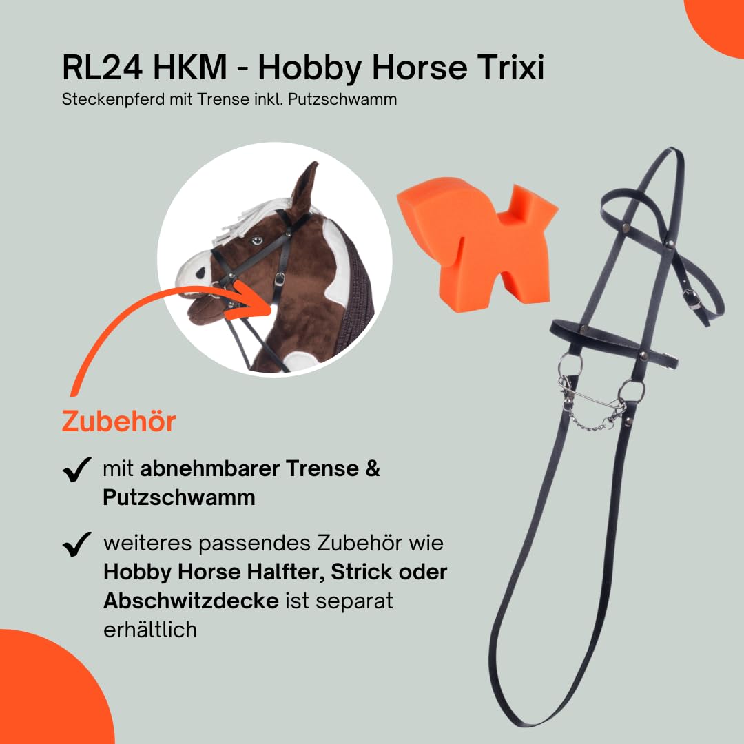 RL24 HKM - Hobby Horse Trixie inkl. Putzschwamm – Steckenpferd mit Trense – Spielpferd aus Plüsch mit Holzstock & Langer Mähne – Stockpferd ohne Griffe & Rollen – braun/weiß